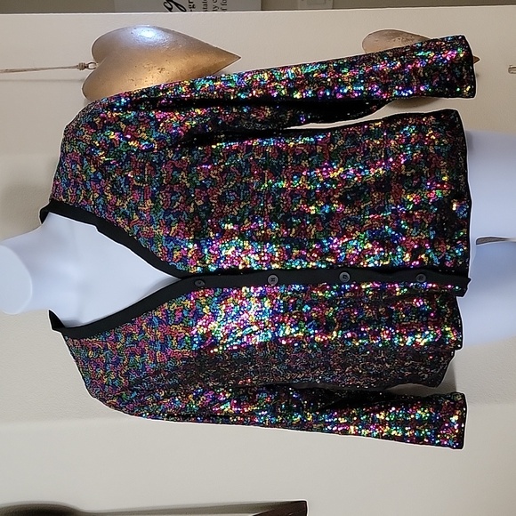 KANCY KOLE Multi Color Sequined Button Up Cardigan Sweater Style Jacket size L - Picture 3 of 13